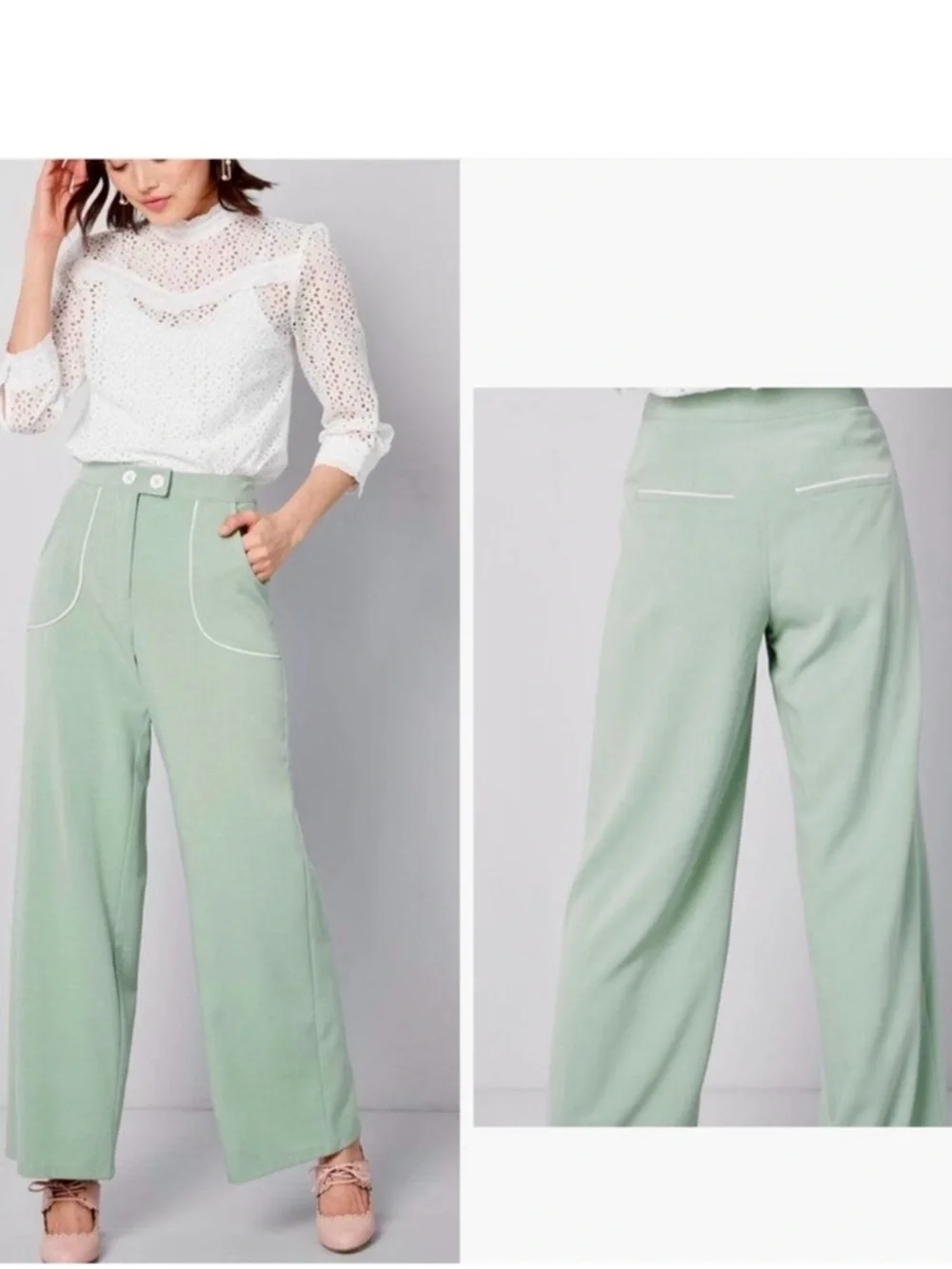 MODCLOTH Pastel Mint Green Wide Leg Trousers Pants w White Piping Trim
